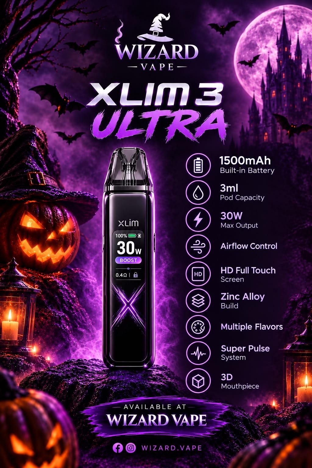 Two OXVA XLIM 3 ULTRA devices in purple, one showing its touch screen